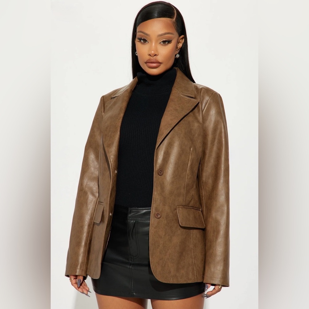 Brown Faux-Leather Women's Blazer Jacket